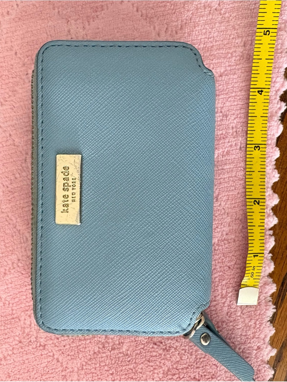 kate spade powder blue zip card wallet with gold hardware